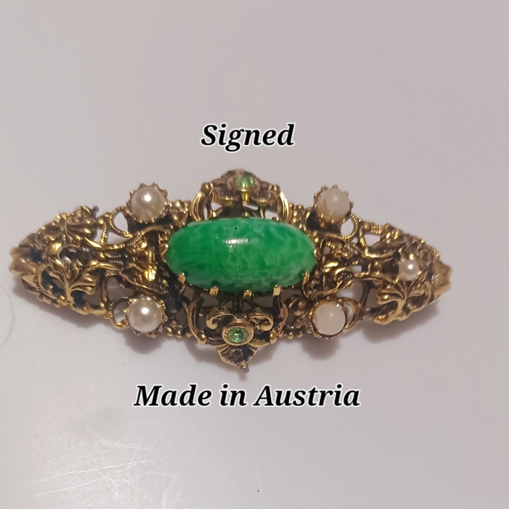 Antique Victorian Art Nouveau Brooch, Green Peking Glass Ornate Gold 1920-1930